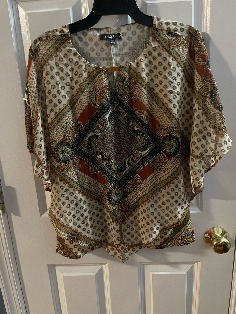 Roz & Ali Cream Paisley Medallion Blouson Top with Rust and Black Accents